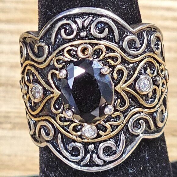 Vintage-Inspired Sterling Silver & Gold-Plated Scrollwork Ring  Sz 6 With Black - Picture 2 of 11